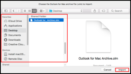 locate to be imported files in outlook for mac window