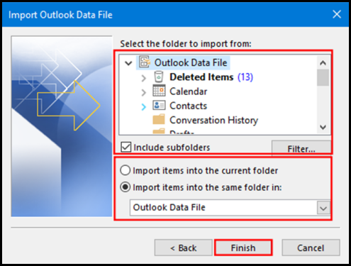 import data on outlook select folder to move files to