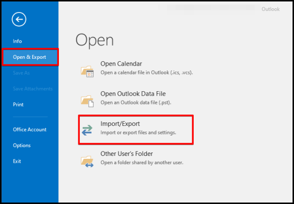 how to access import data window on outlook