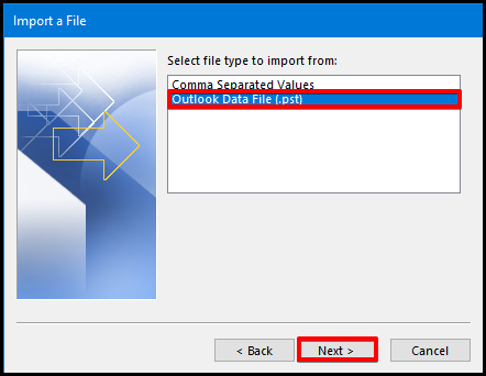 how to import data on outlook select file type window