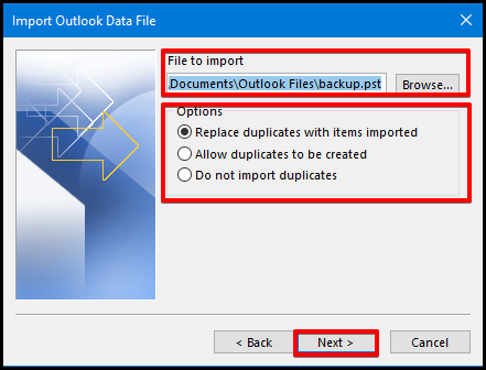 how to import data on outlook select location