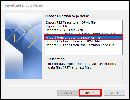 how to import data wizard window on outlook