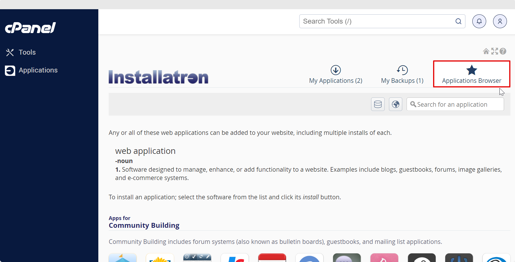 Applications Browser Tab of Installatron