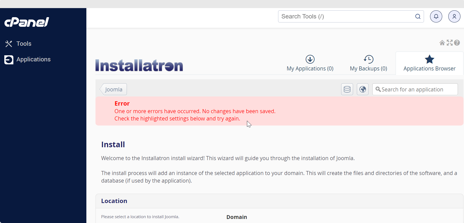 Screenshot of Error When Installing Joomla Application