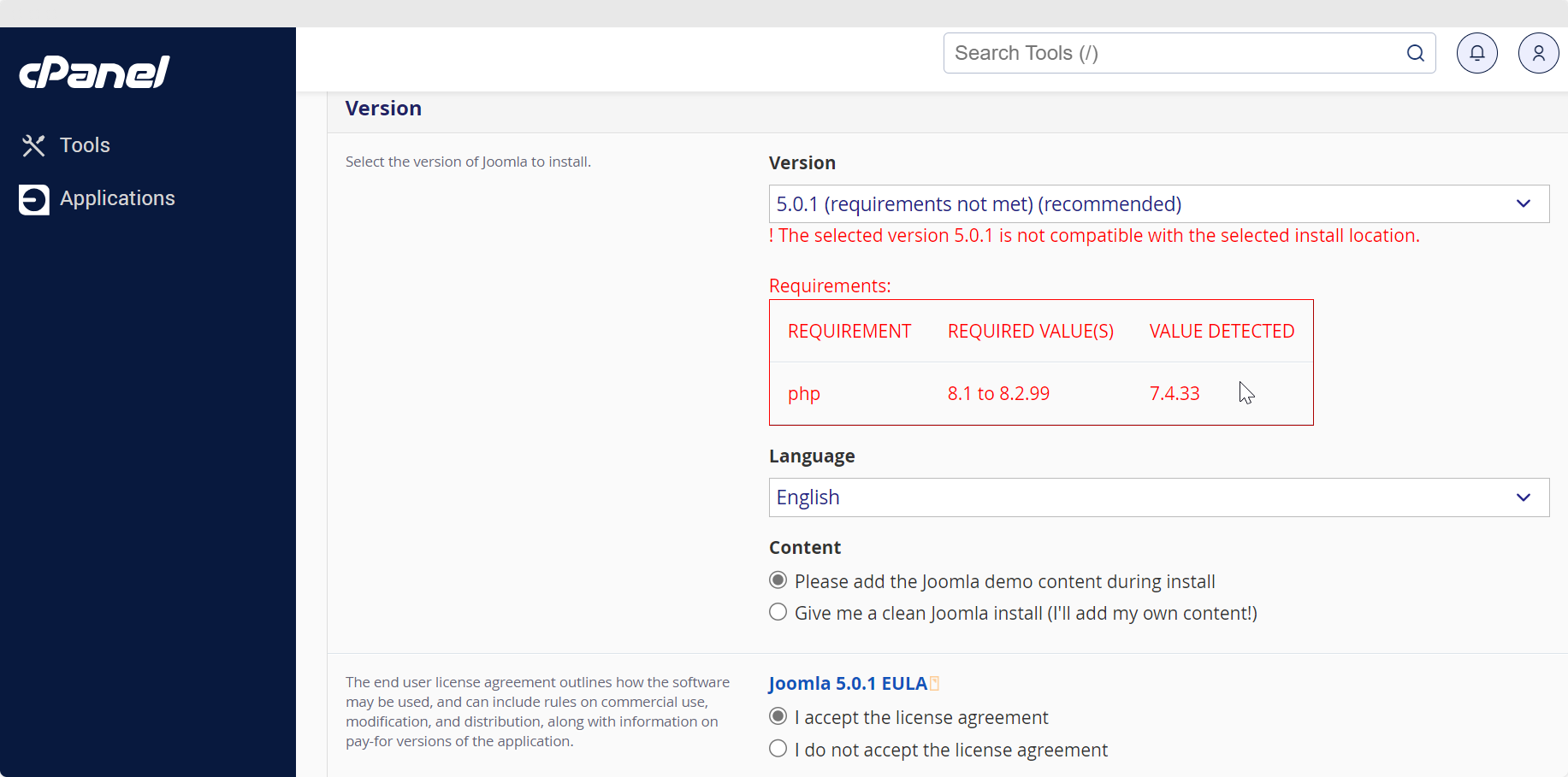 Screenshot Required PHP Values to Install Joomla