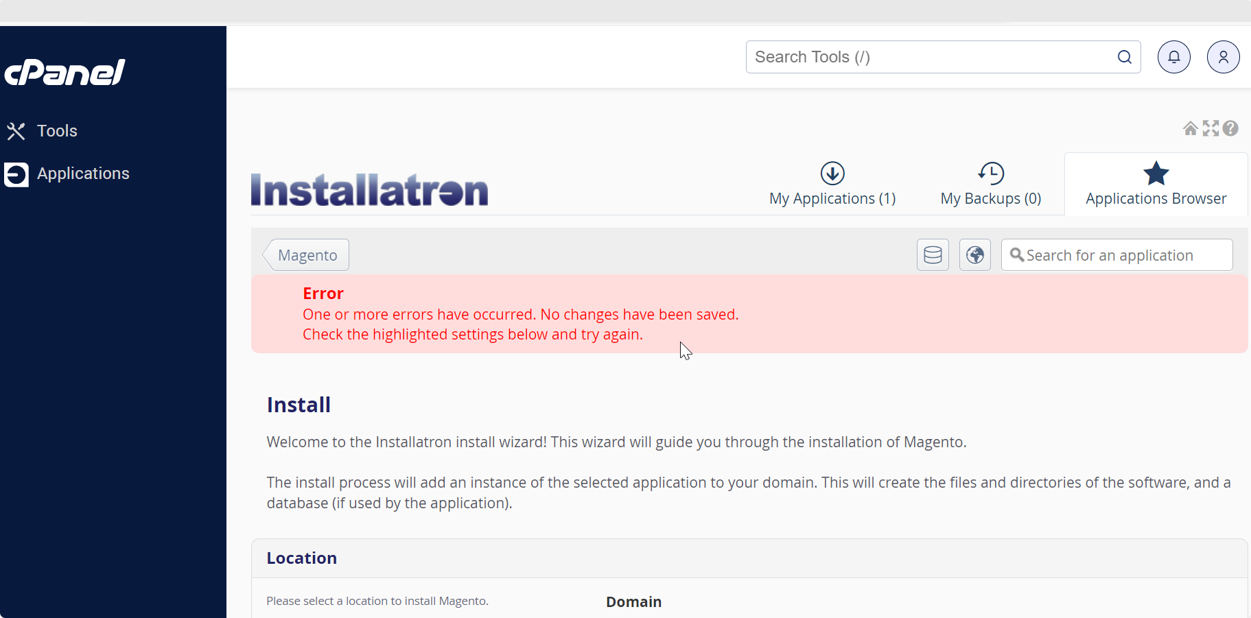Screenshot of Error When Installing Magento Application