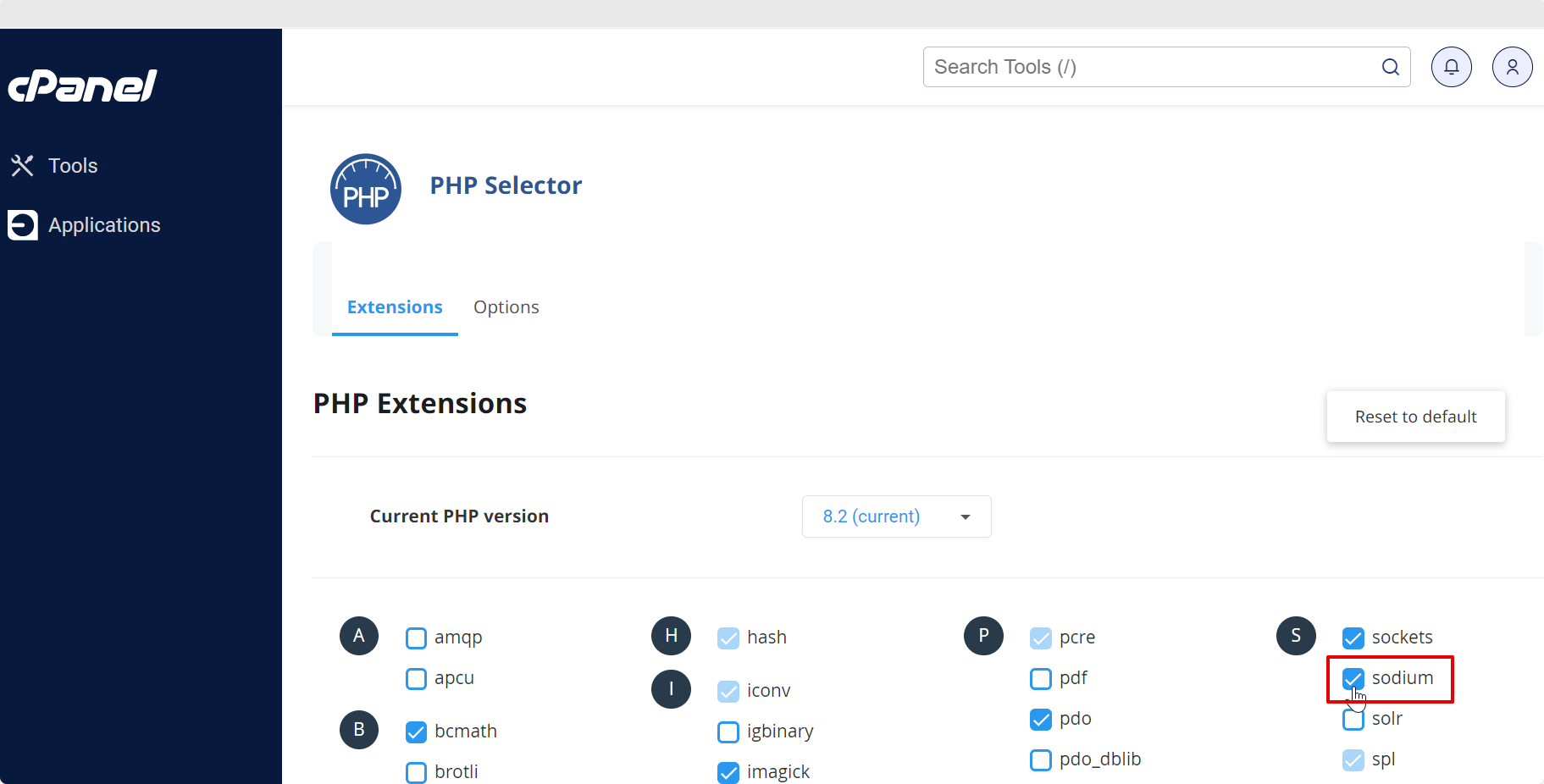 Screenshot Showing Enabling the Sodium PHP Extension in cPanel
