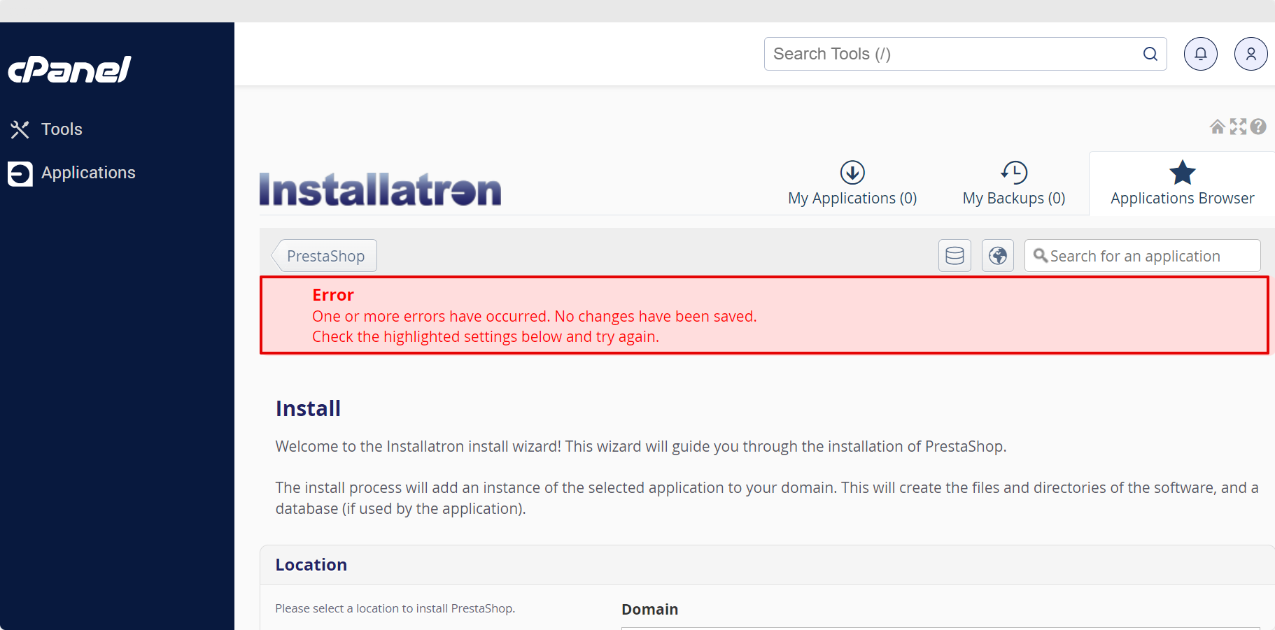 Screenshot of Error When Installing PrestaShop Application