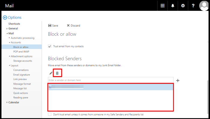delete blocked or safe senders on owa