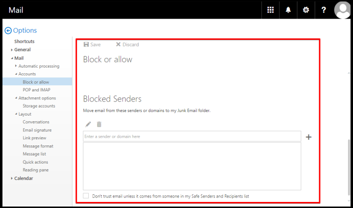 add blocked senders window on owa