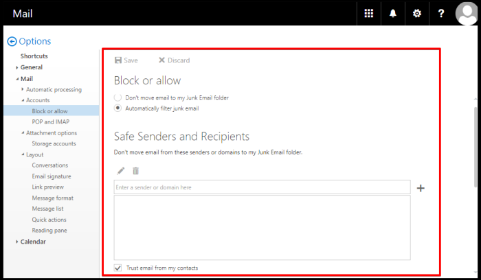 how to add safe senders window on owa