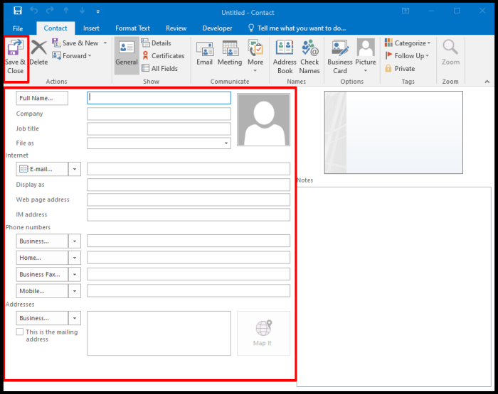 create mail contact via outlook detail window