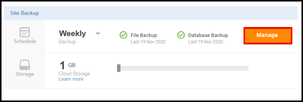 manage button for site backup tool