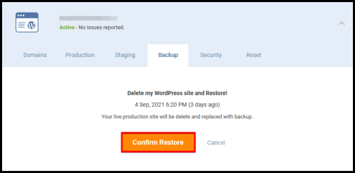 confirm button to restore WordPress site in CrazyDomains