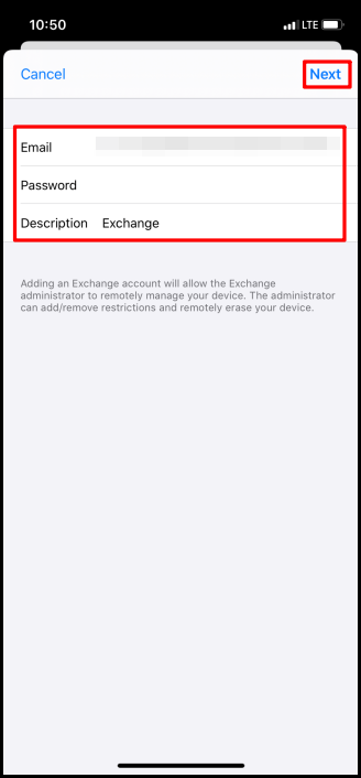 enter email and password to set up email exchange on ipone or ipad ios13 devices
