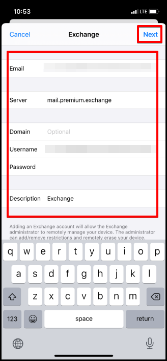 manual configuration for ios13 email exchange