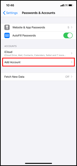 add account screen on iphone or ipad ios 13 set up email exchange