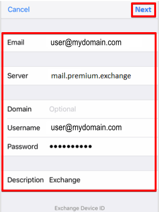 MS Email Exchange setup instructions for iPhone and iPad step 6