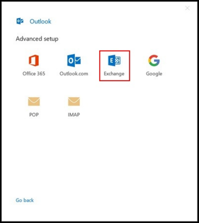 Outlook 2019 setup Exchange server option