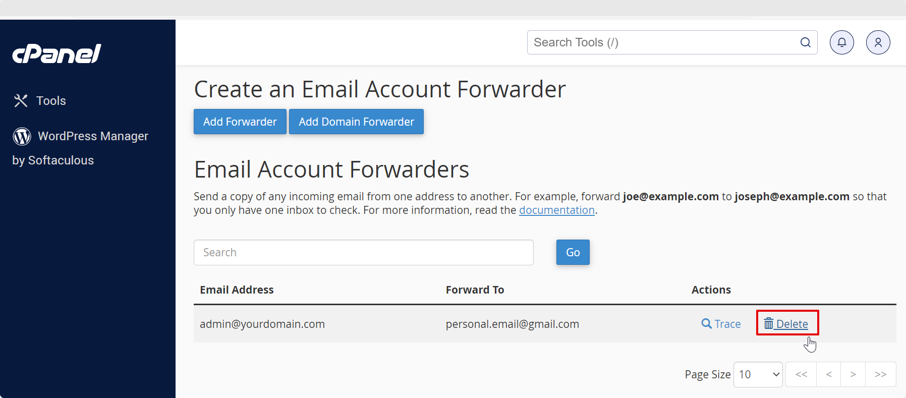 Delete Option for Each Email Account Forwarder