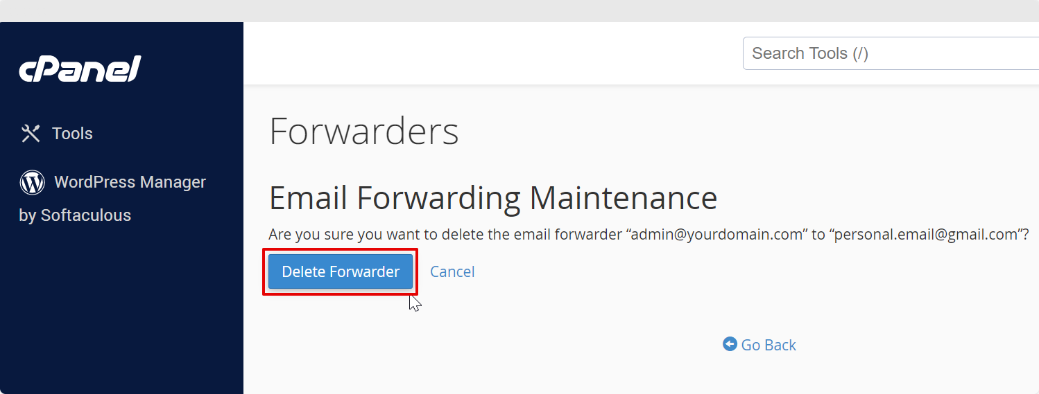 Delete Forwarder Button to Confirm Delete