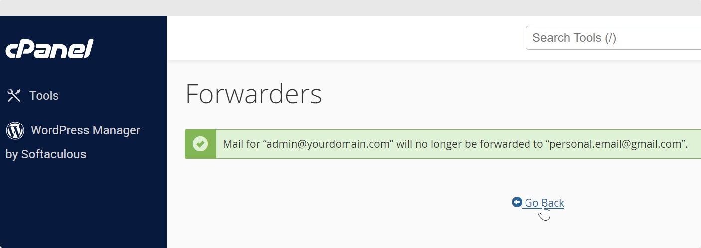 Confirmation Message for Email Forwarder Deletion