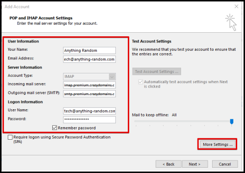 POP and IMAP Account Settings for premium email on outlook