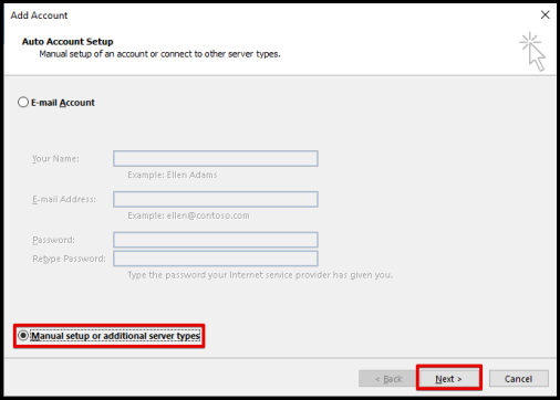 select Manual setup for premium email settings on outlook