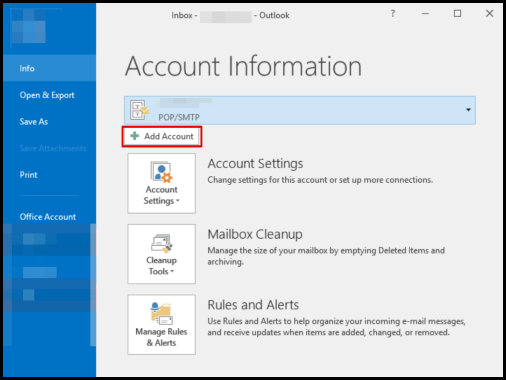 Add Account option to start setting up premium email on outlook