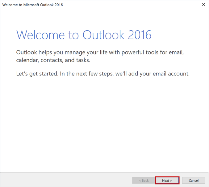 setting up outlook 2016 to check email step 1