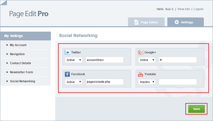 set up social links with Page Editor step 4