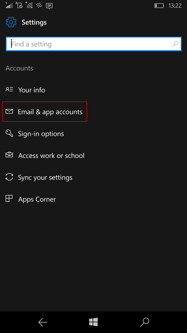 set up Windows 10 mobile to send and receive email Step 4