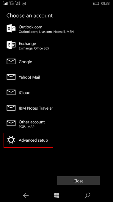 set up Windows 10 mobile to send and receive email Step 6