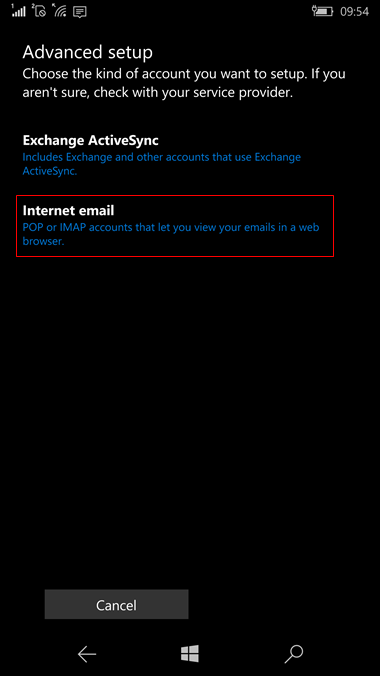 set up Windows 10 mobile to send and receive email Step 7
