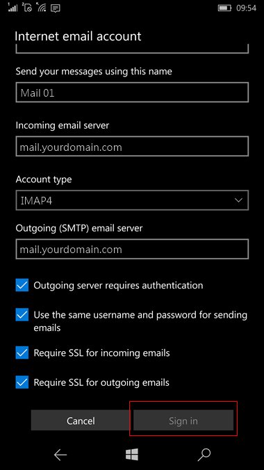 set up Windows 10 mobile to send and receive email Step 11