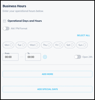 business hours and operational days input form for business directory settings