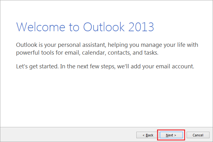 setting up outlook 2013 to check email step 1