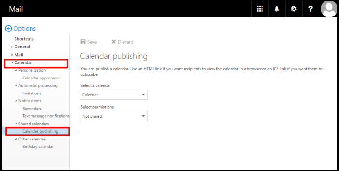 how to publish calendar online on owa settings
