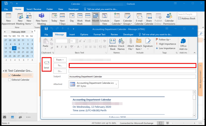 how to email calendar on Outlook