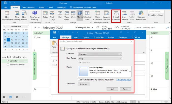 how to email calendar on Outlook