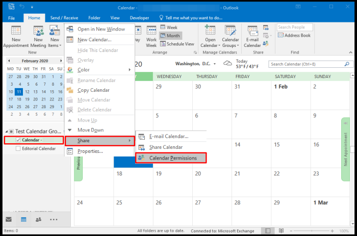 how to set permissions calendar outlook