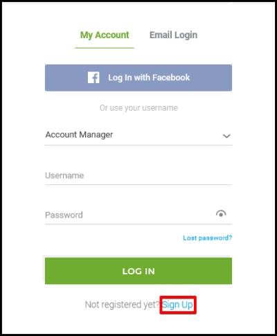 sign up link on log in window to register for a new account