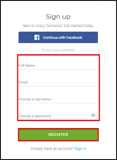 registration form details for new account