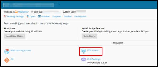 FTP Access button in Plesk Hosting Manager