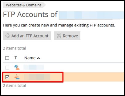 select FTP user to delete in Plesk Hosting Manager