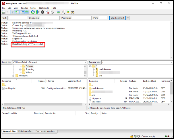 Successful connection to a server using FileZilla FTP client