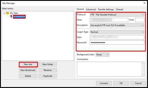 Site Manager window connect web server using ftp login credentials