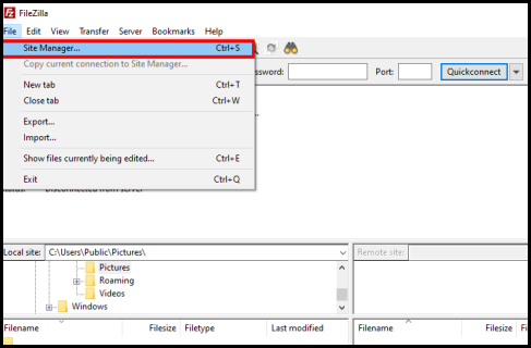 Site Manager option set up connection using FileZilla FTP