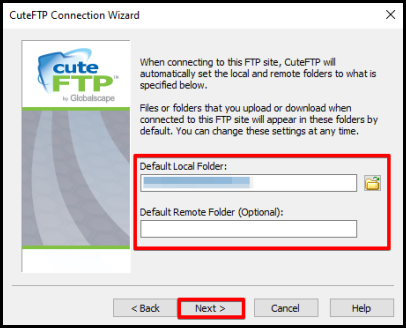 CuteFTP Setup wizard default local folder set up