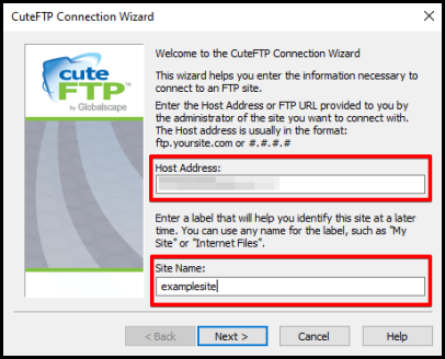 CuteFTP Setup wizard host address and site name information